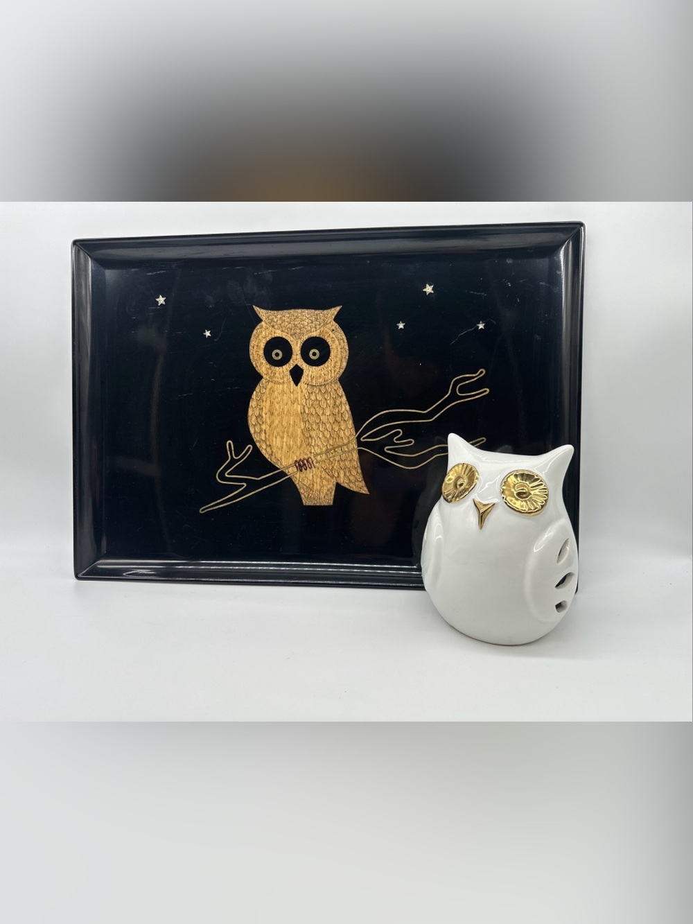 Vintage Couroc Monterey MCM Owl Resin Tray 18” & White Gold Ceramic Figurine Lot